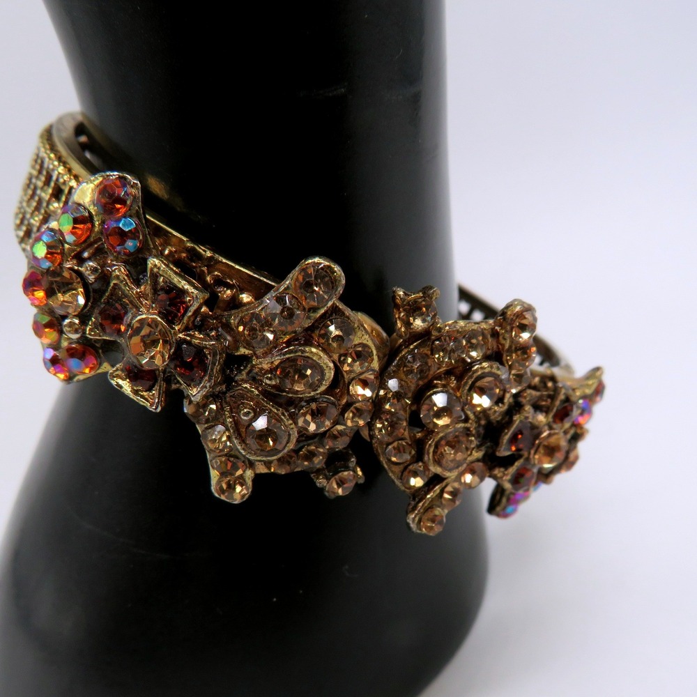 Vintage Gold Tone Rhinestone Bangle Bracelet Amber AB Crystal Lattice Hinged